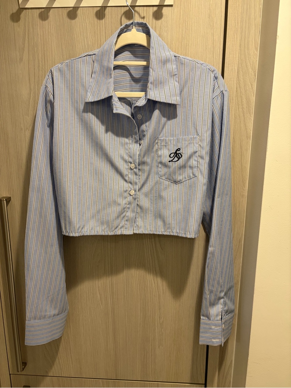 Brand New Cropped Blue Stripe Button-Up Shirt with Pocket Embroidery